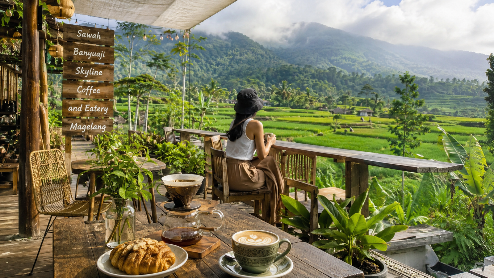 Suasana cafe sekitar Borobudur dengan view sawah dan perbukitan Menoreh
