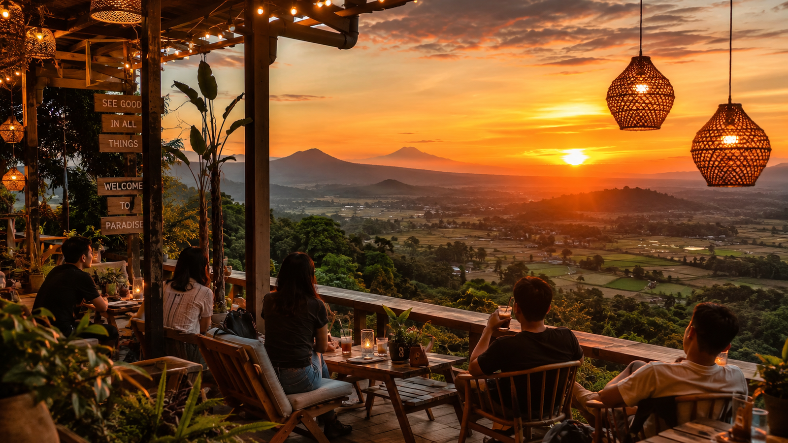 Pengunjung menikmati senja di cafe sekitar Borobudur dengan latar Candi Borobudur
