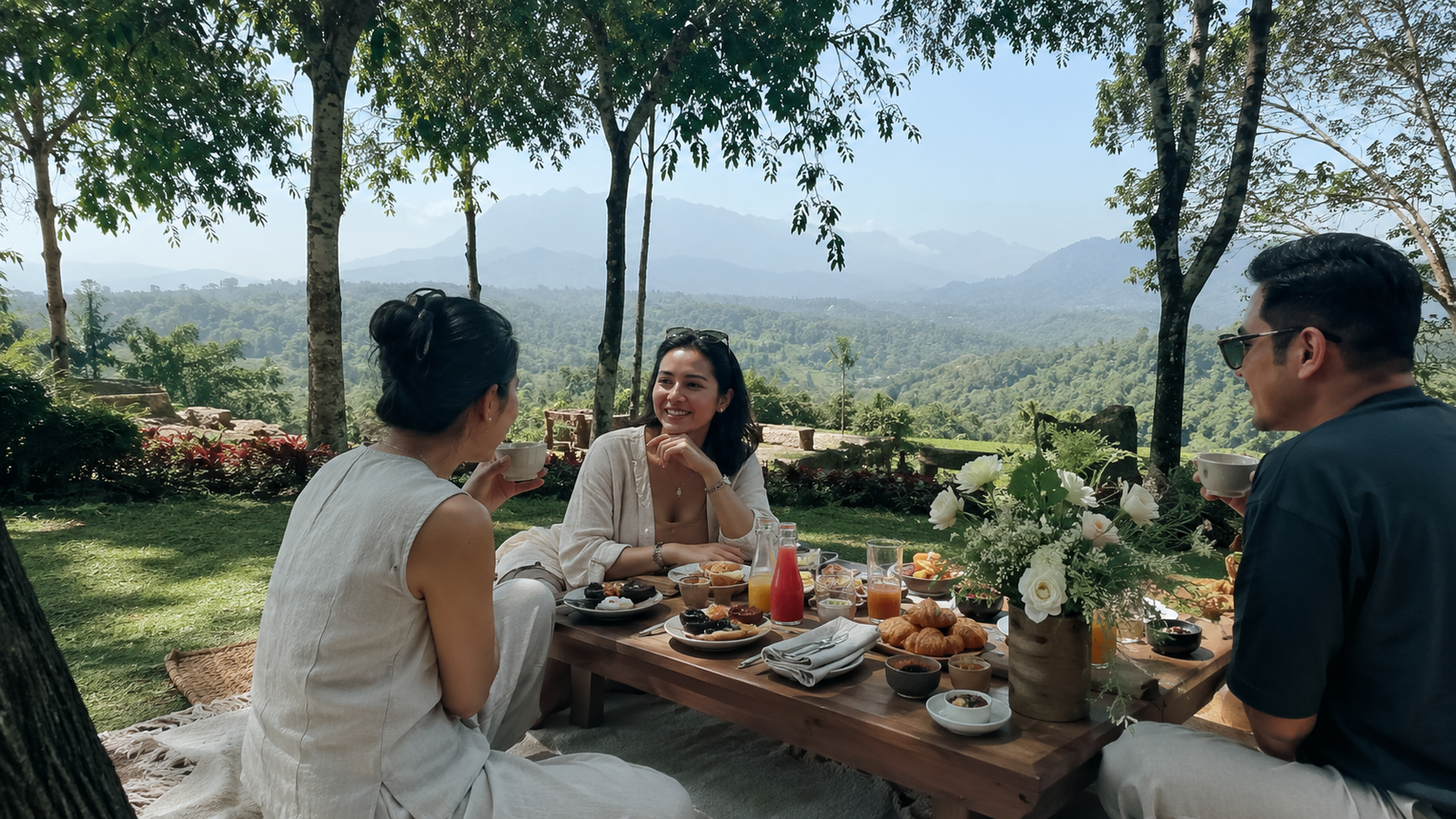 Dagi Abhinaya Borobudur: gazebo kayu dan area duduk lesehan di atas rumput
