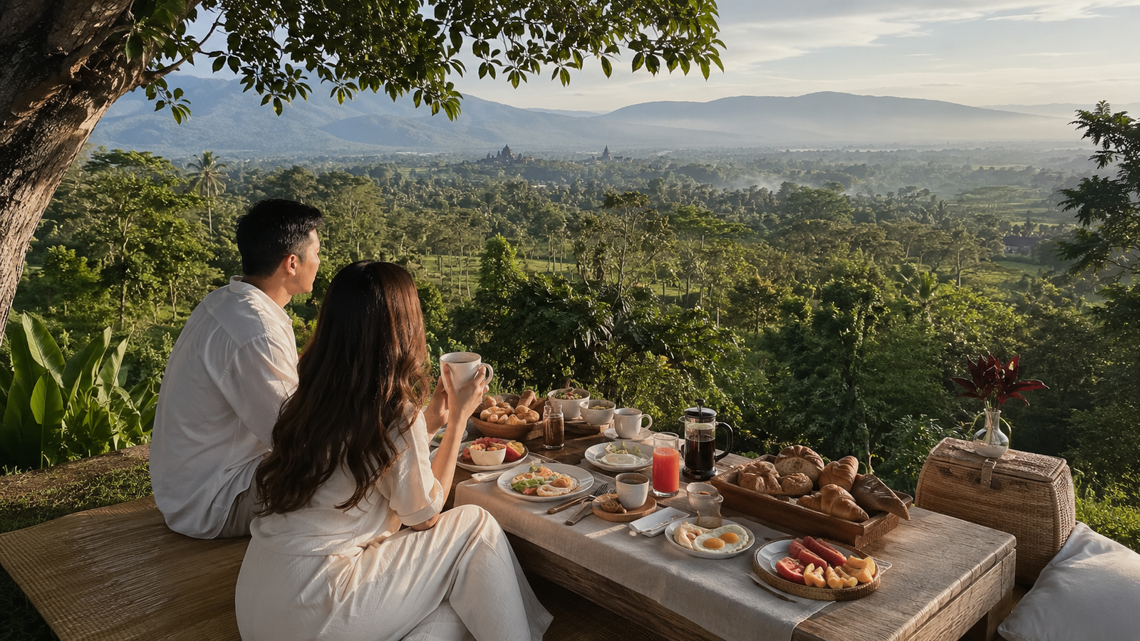 Pengunjung menikmati sarapan di Dagi Abhinaya Borobudur dengan pemandangan hijau