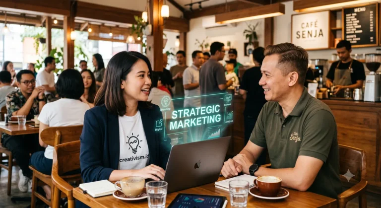 Diskusi strategi SEO lokal untuk bisnis Jogja di sebuah cafe