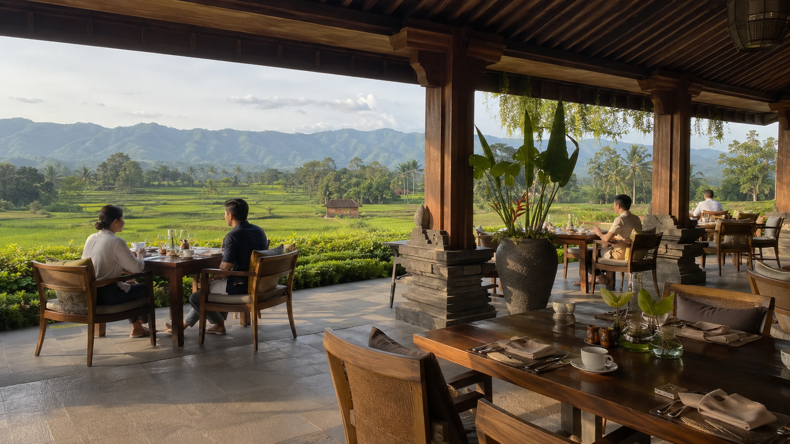 Area bersantap Stupa Restaurant Borobudur yang menghadap langsung ke hamparan sawah