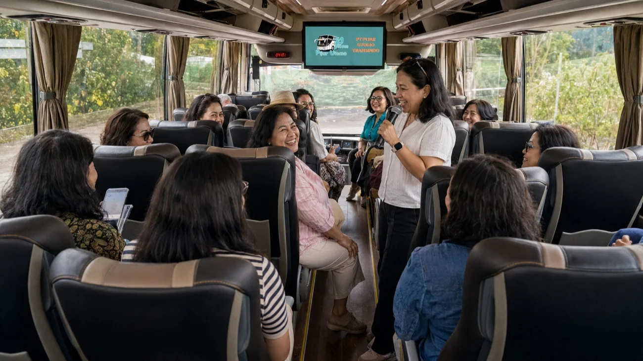Rombongan wisata naik bus menuju Jogja dan Borobudur