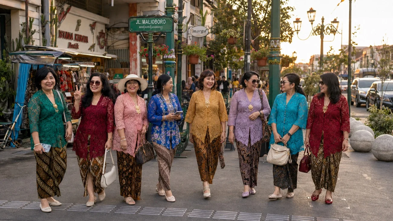 Rombongan wisata berjalan di kawasan Malioboro Jogja