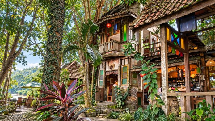 Bangunan kayu bertingkat Eloprogo Art House di antara pepohonan dekat pertemuan sungai Elo dan Progo Borobudur