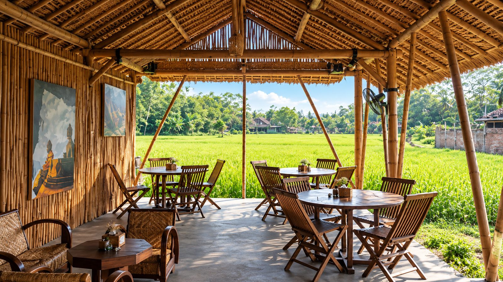Area duduk beratap bambu di tepi sawah dengan meja dan kursi kayu