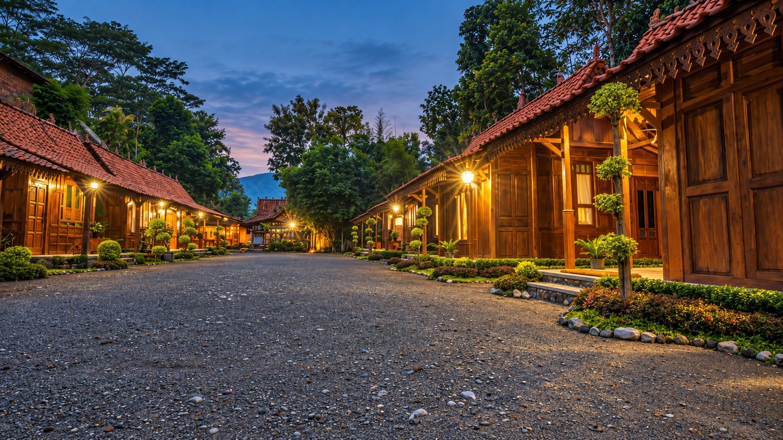 Ilustrasi deretan rumah kayu tradisional Jawa di pedesaan Magelang