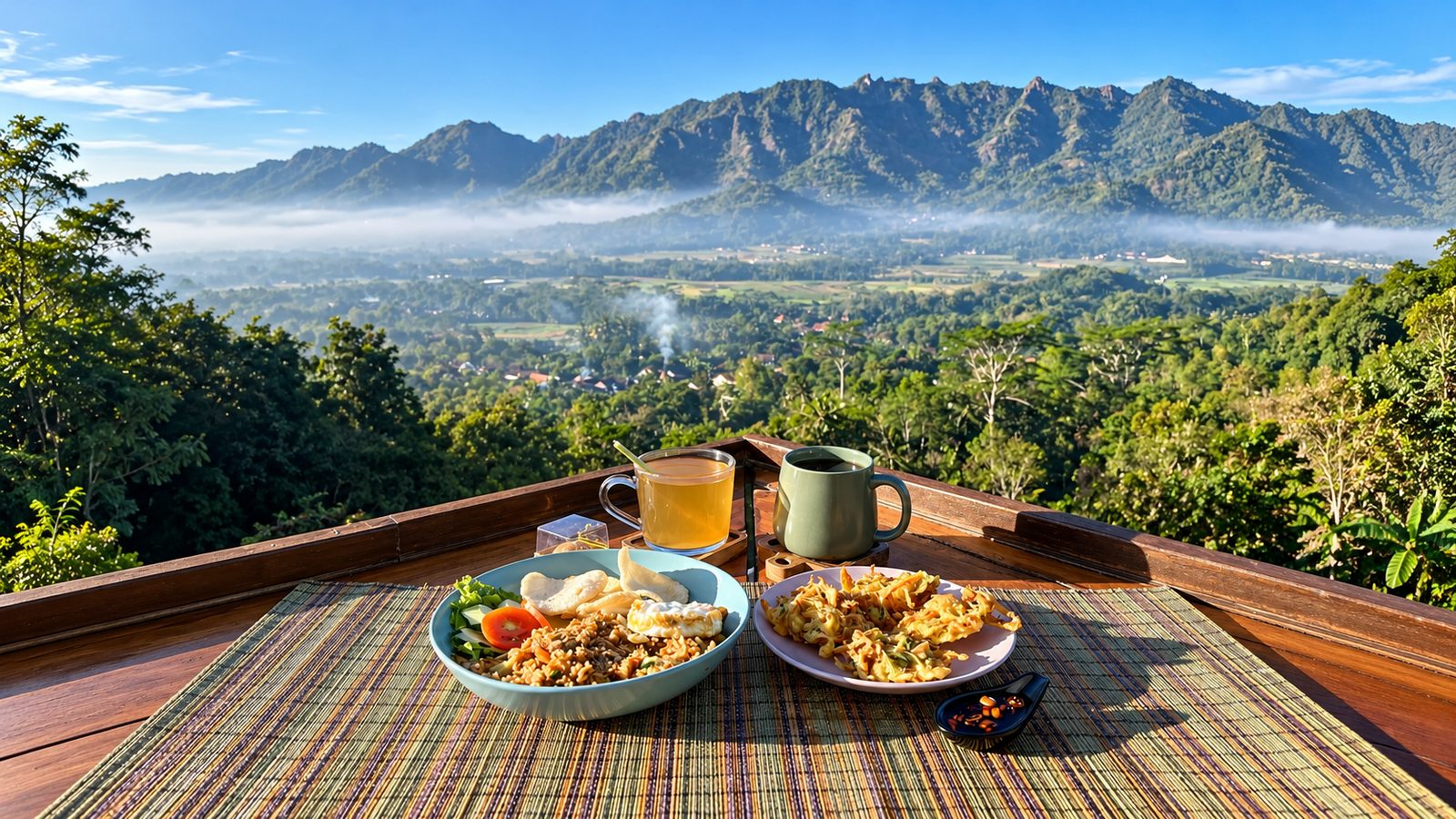 Ilustrasi sarapan dan teh hangat di meja kayu menghadap perbukitan