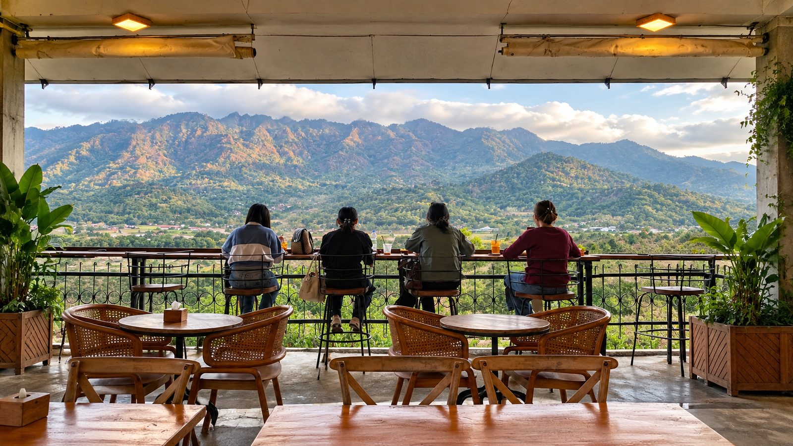 Ilustrasi teras cafe dengan view perbukitan Menoreh setelah naik VW Borobudur