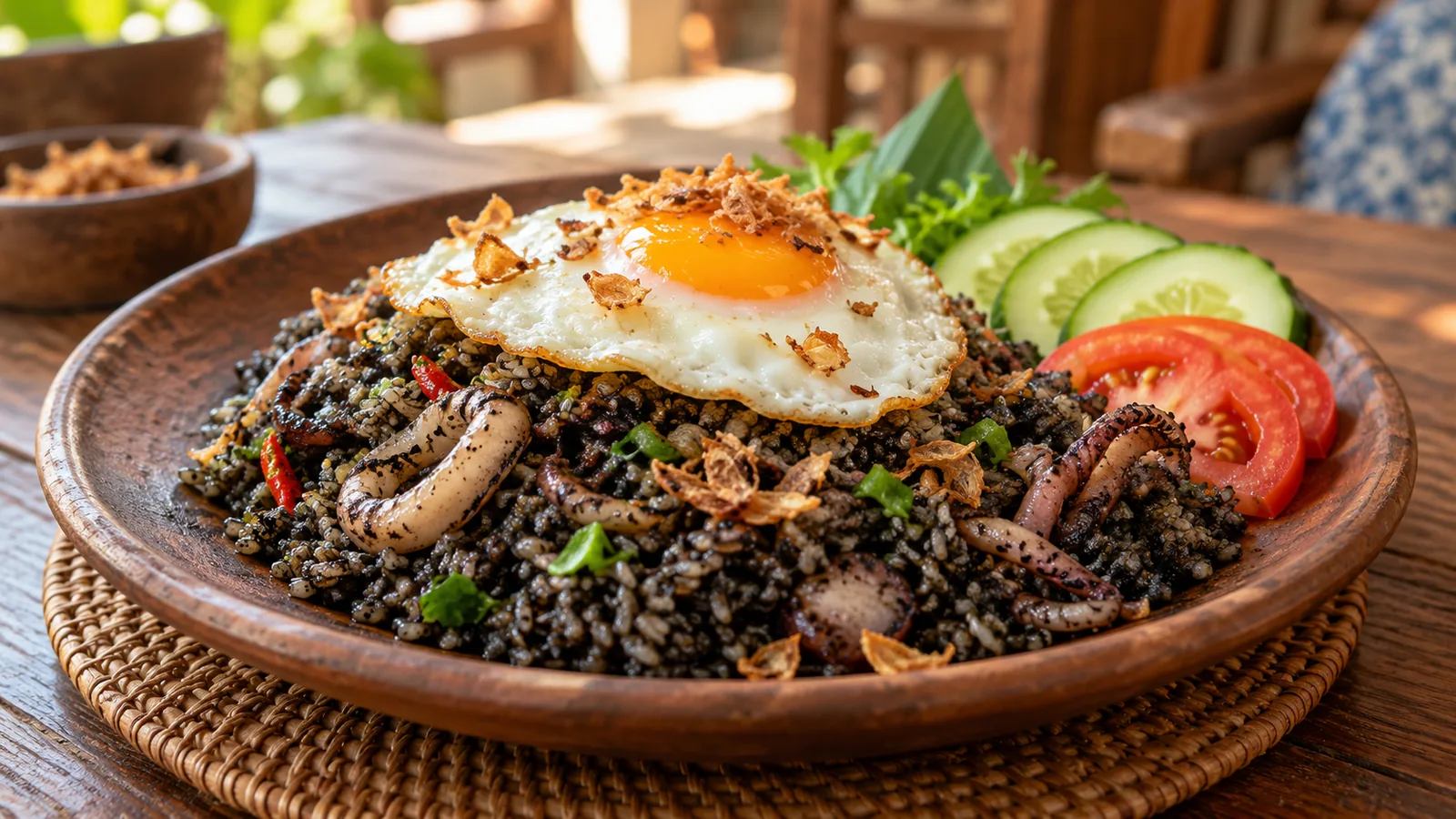 Nasi goreng hitam bertinta cumi dengan telur mata sapi